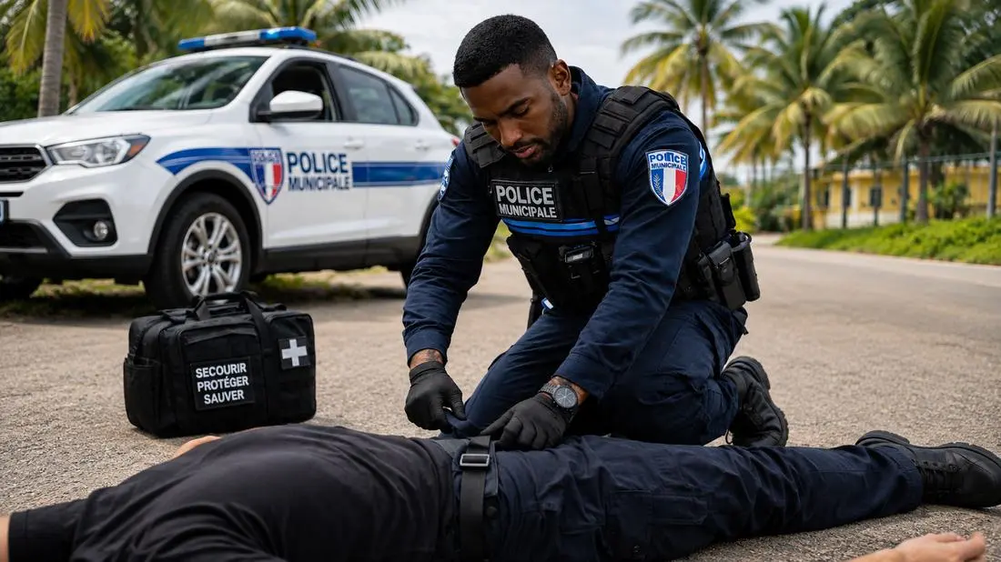 Policier municipal portant secours à une victime au sol — formation premiers secours
