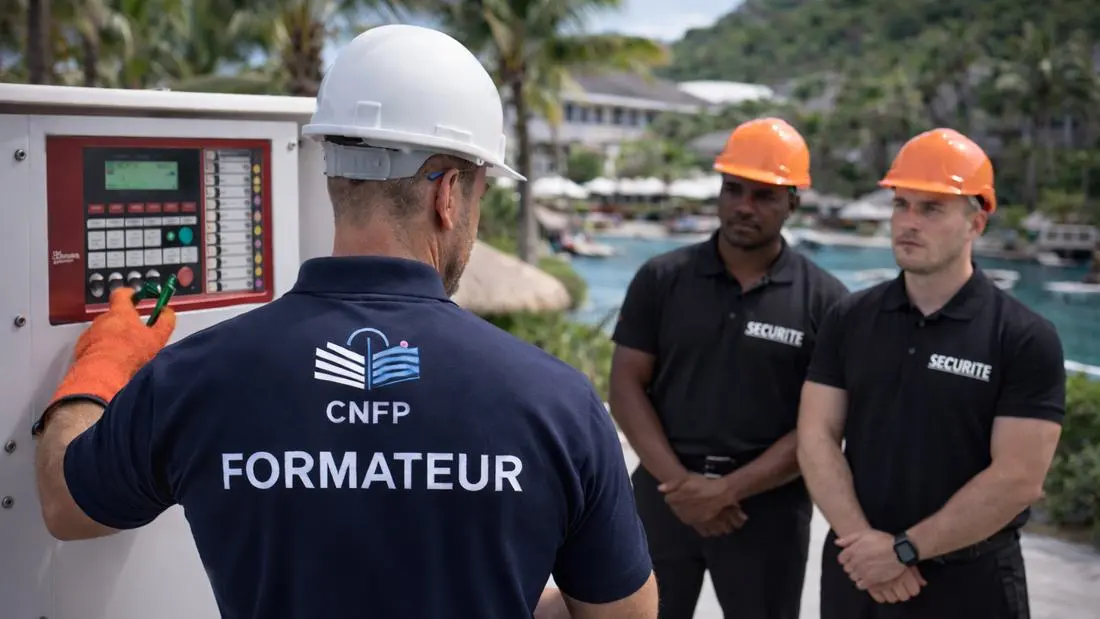 Formateur CNFP présentant une centrale incendie à deux agents de sécurité
